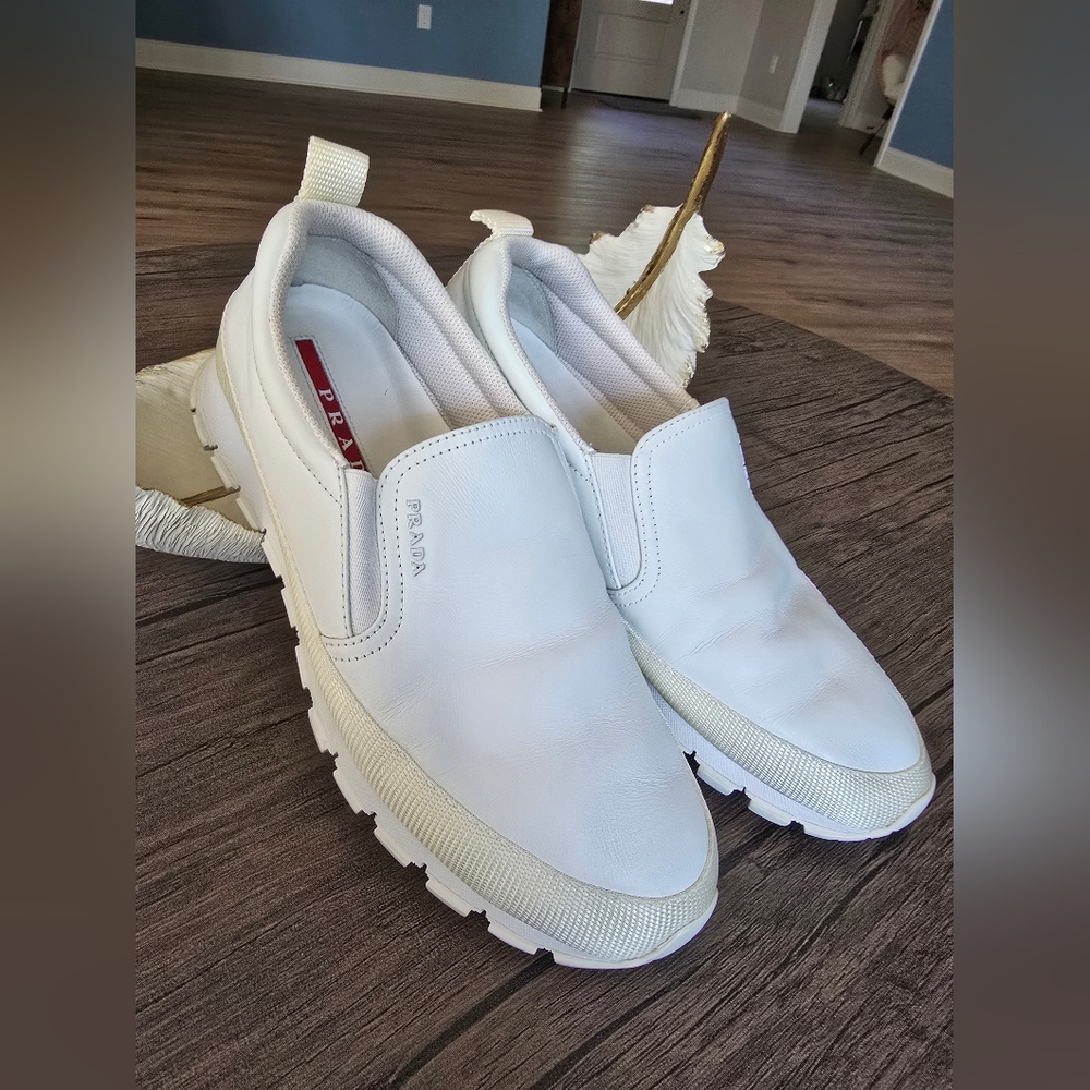 Authentic Prada White Leather Slip-On Shoes - Picture 2 of 16